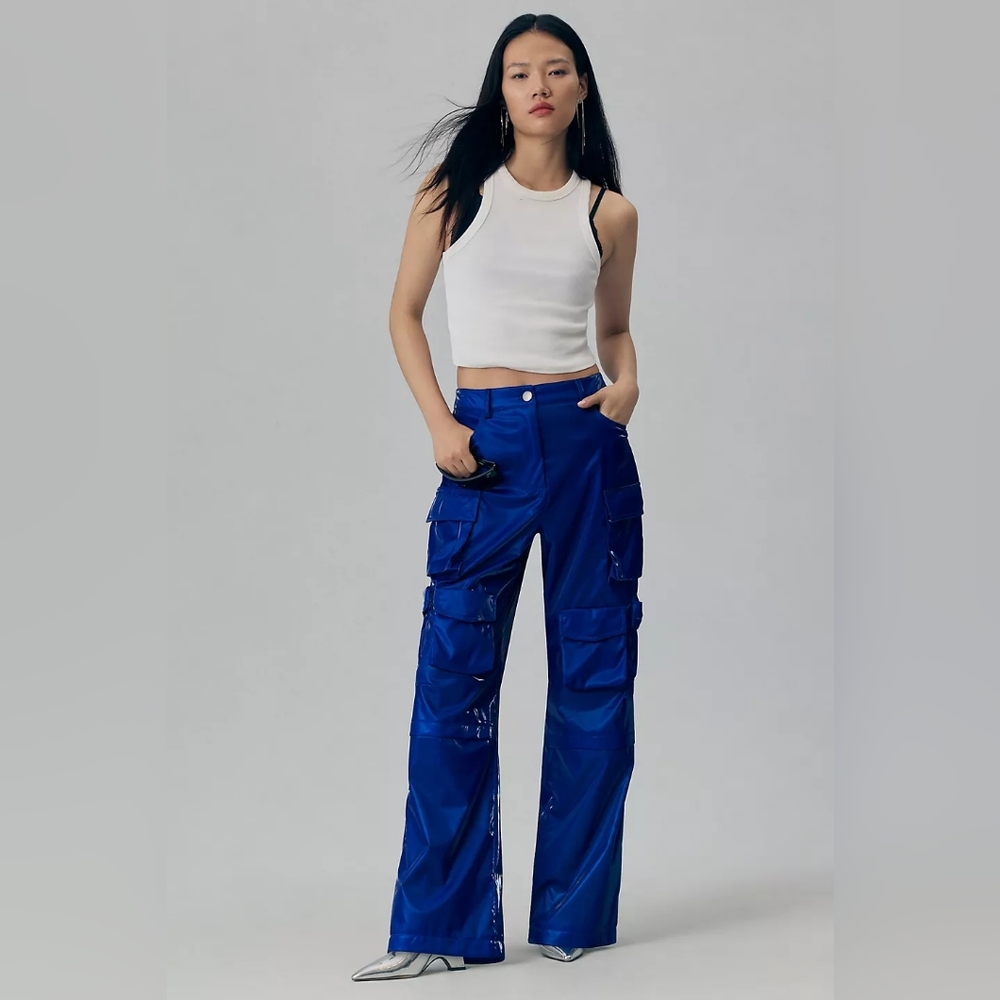 💖💖 NWT Anthro Women's Metallic Colbalt Blue Cargo Pants Size 14